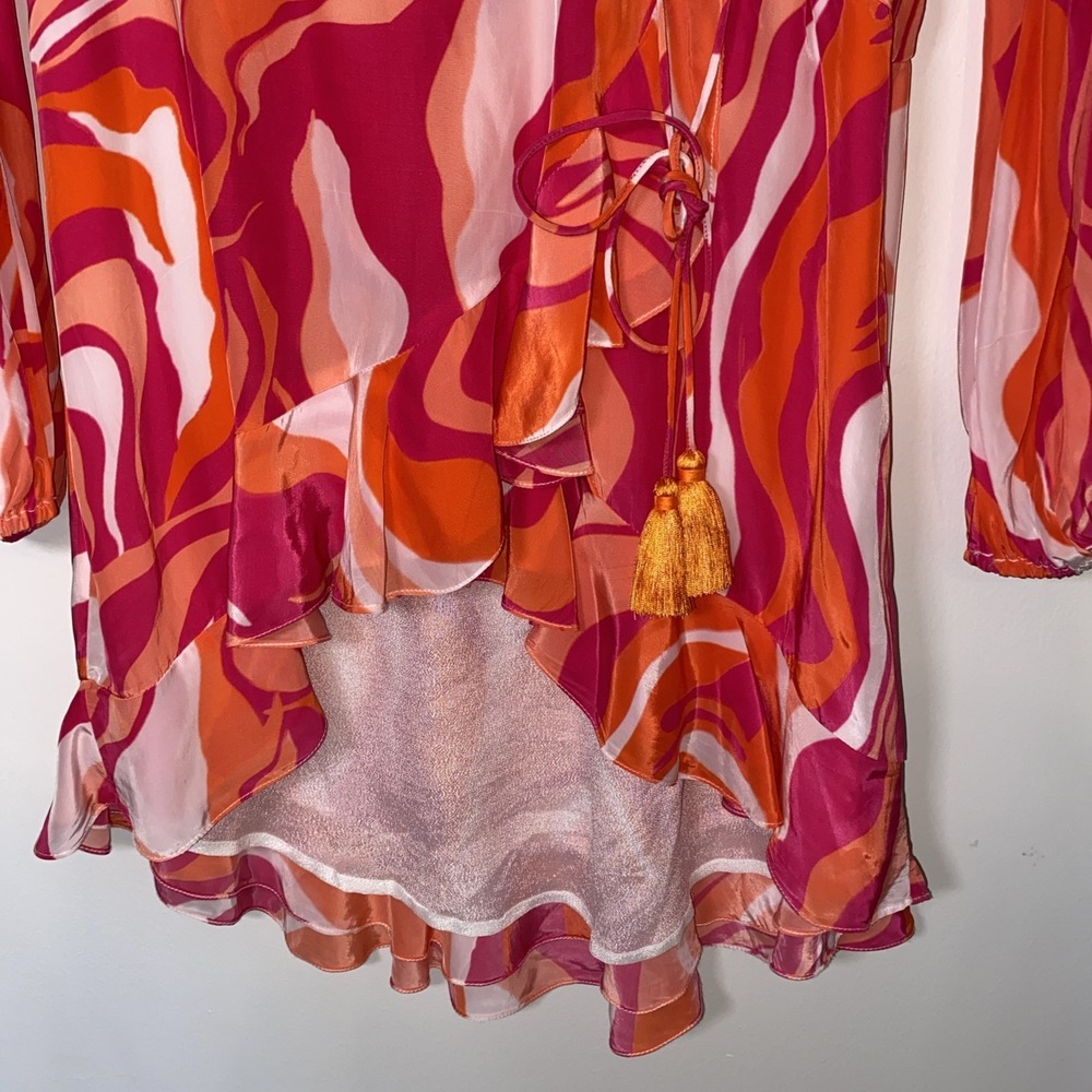 Rococo Sand Emily Wrap Dress Size L Pink Orange Long Sleeve Mini Bohemian Resort - Picture 7 of 10